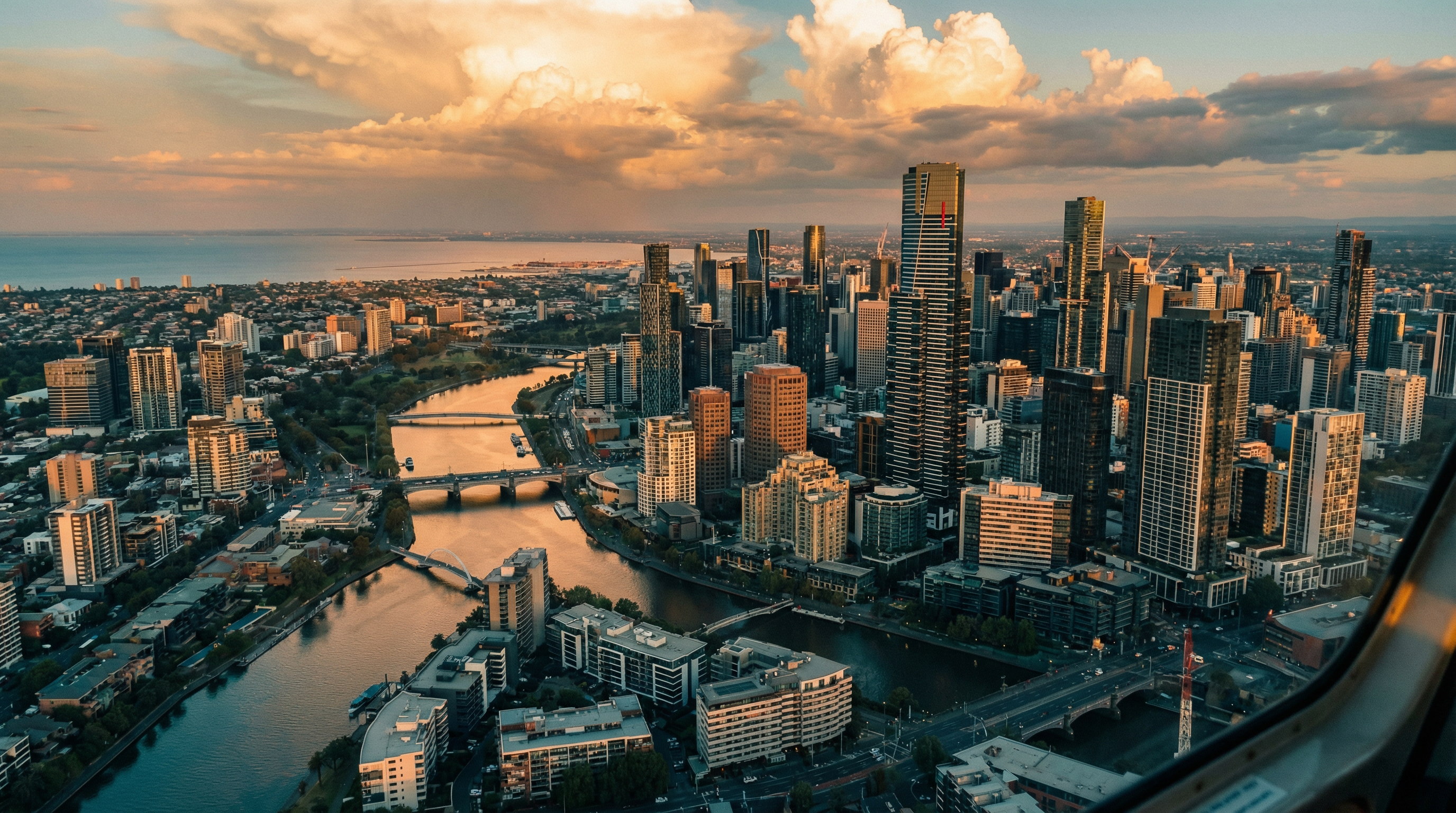 Aerial photograph of Melbourne CBD and Southbank from helicopter, Yarra River at golden hour