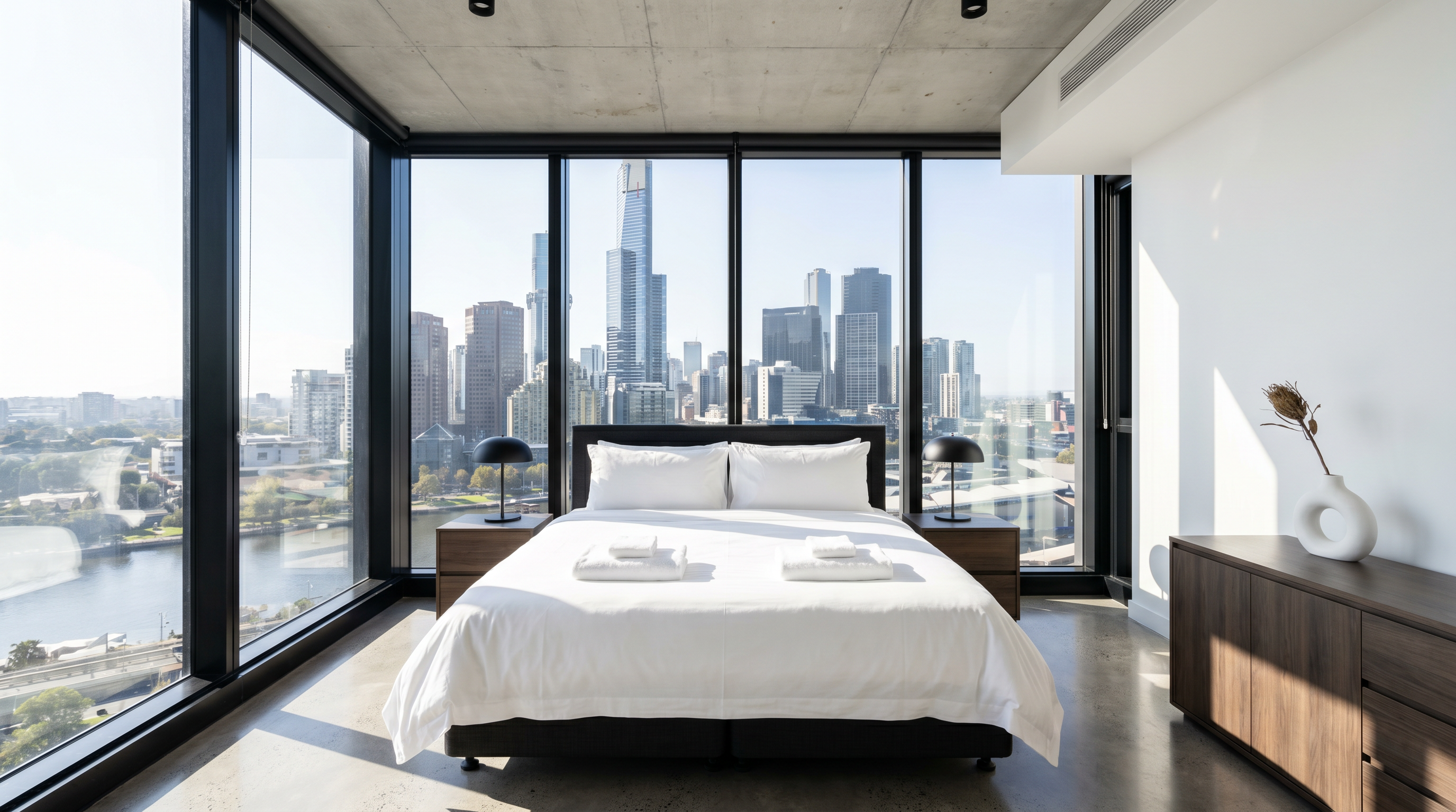 Pristine Melbourne high-rise apartment reset to hotel standard, white linen, floor-to-ceiling windows with CBD skyline